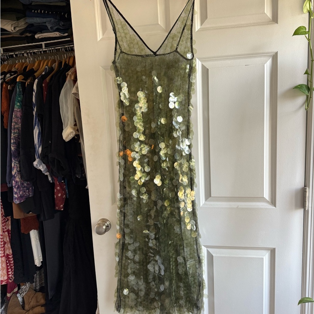 Zara Glamorous Olive Sequin Sheer Dress